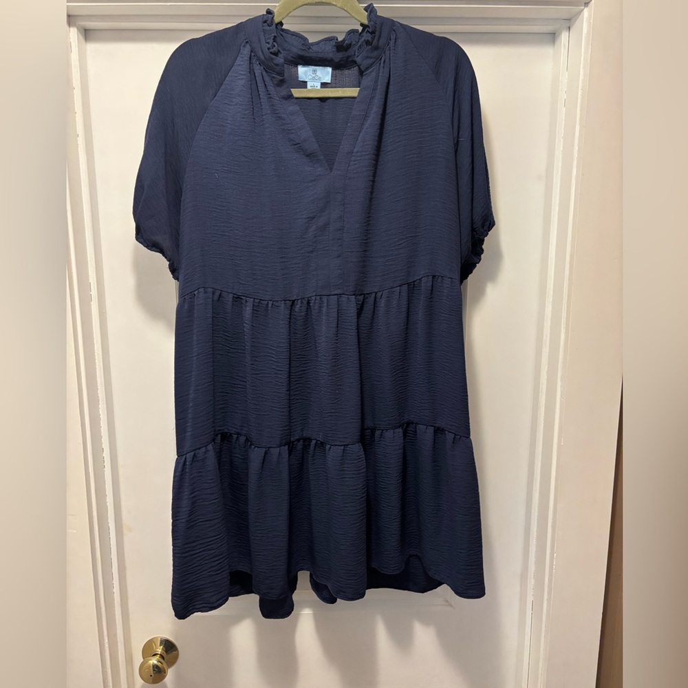 CeCe Navy Tiered Ruffle Neck Dress Size L